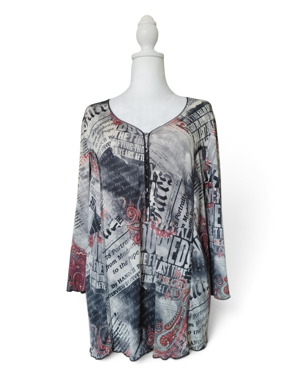 Vintage Newsprint Bell Sleeves Blouse Paisley Gray Red Y2K Whimsigoth 1X- 2X
